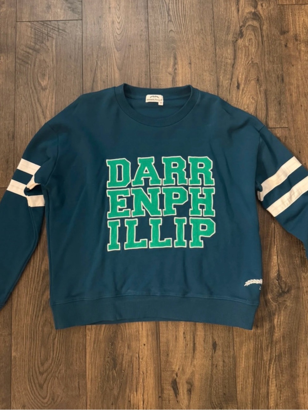 Darren Phillip Teal Crewneck Sweater with White Sleeve Stripes - Women